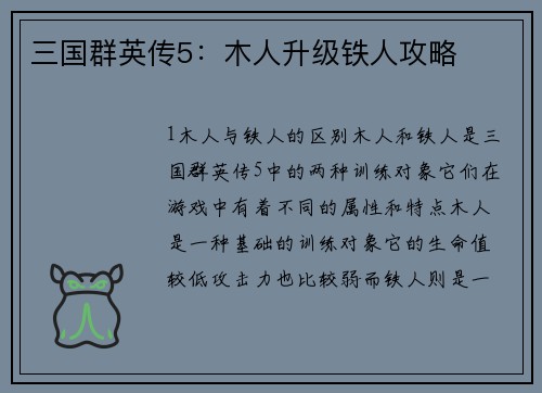 三国群英传5：木人升级铁人攻略